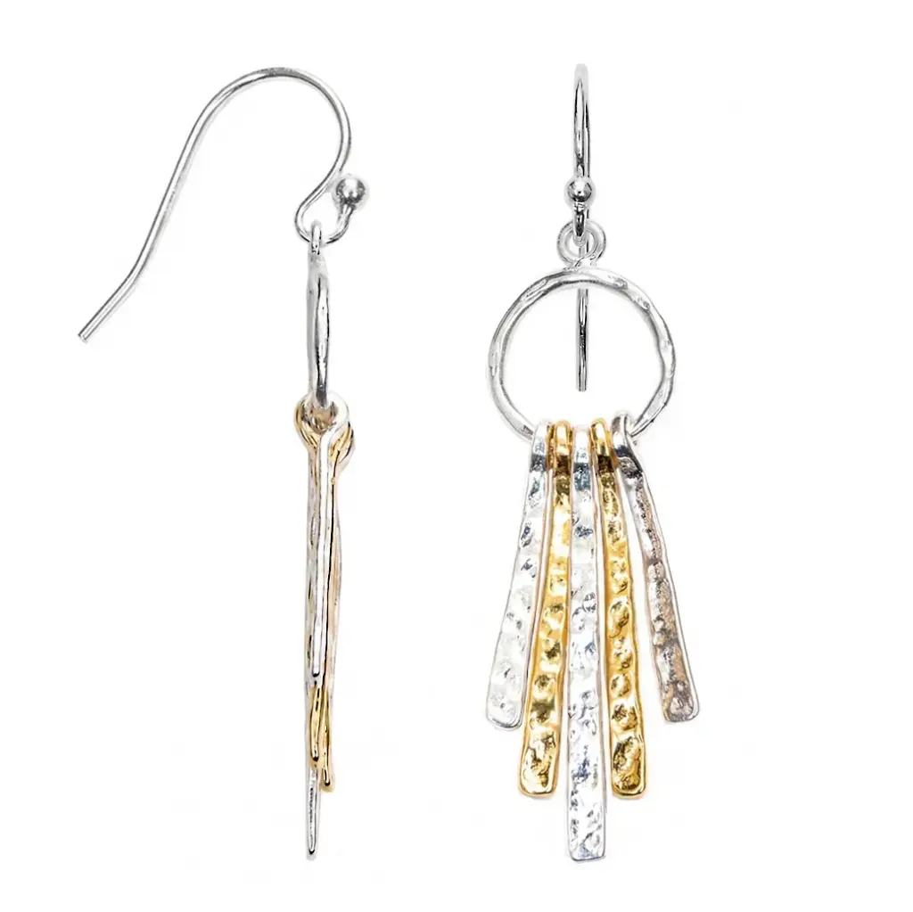 [19157EPLDOHA] Sterling silver bicolor irregular hammered flat bar hoop earrings